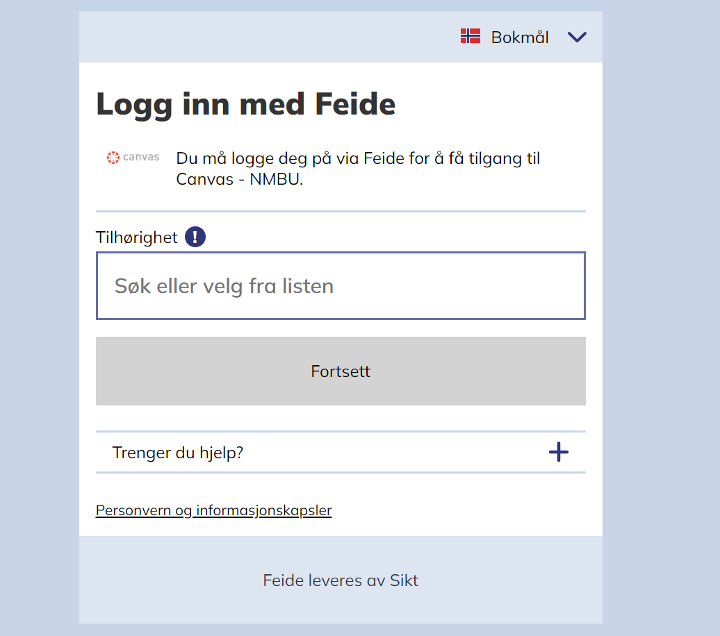 Canvas NMBU påloggingsskjerm