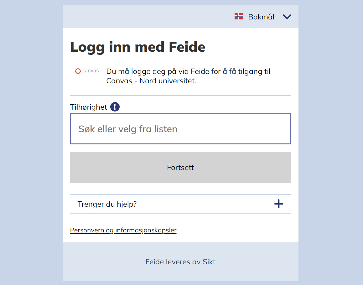 Canvas Nord Universitet påloggingsskjerm
