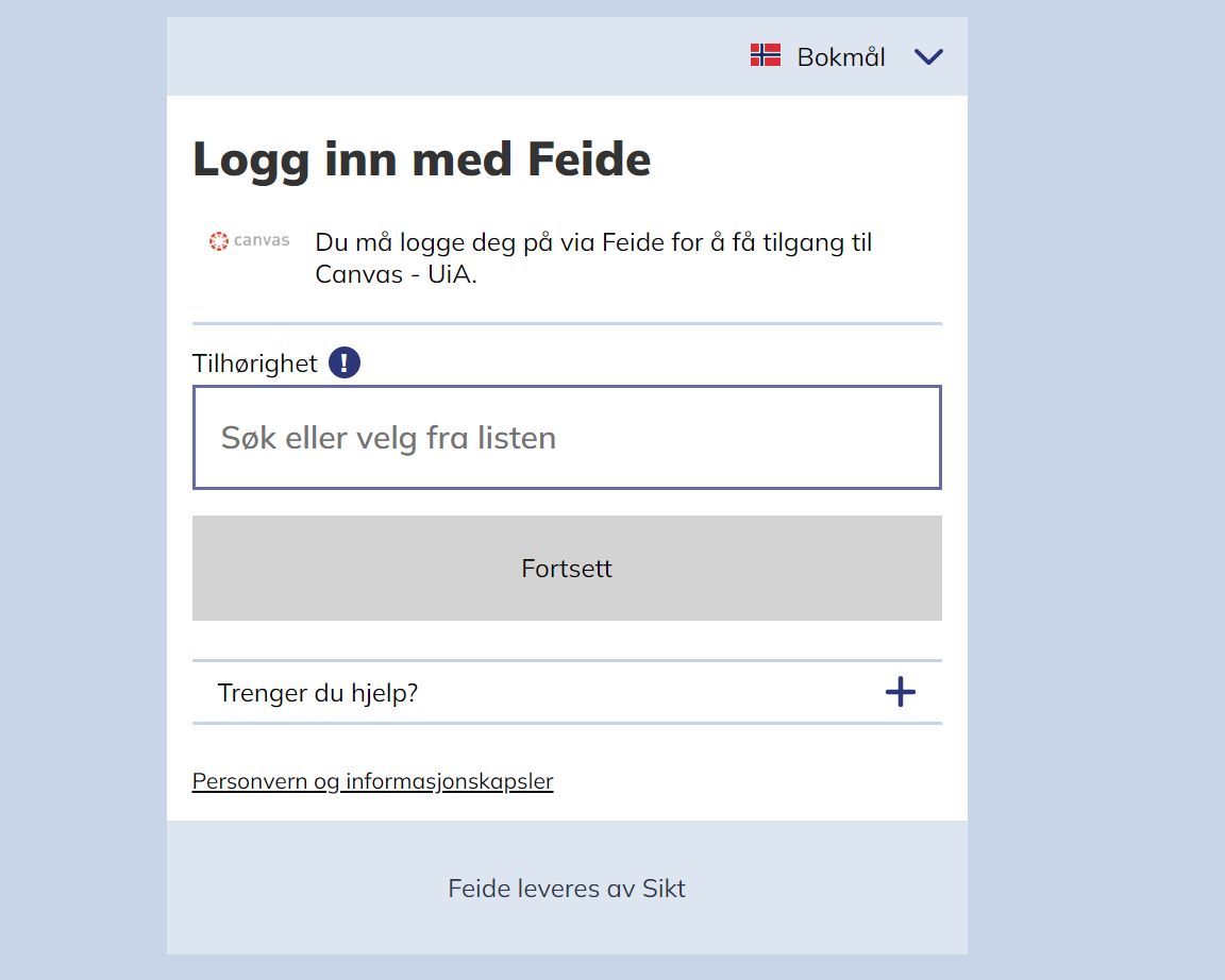 Canvas UiA påloggingsskjerm