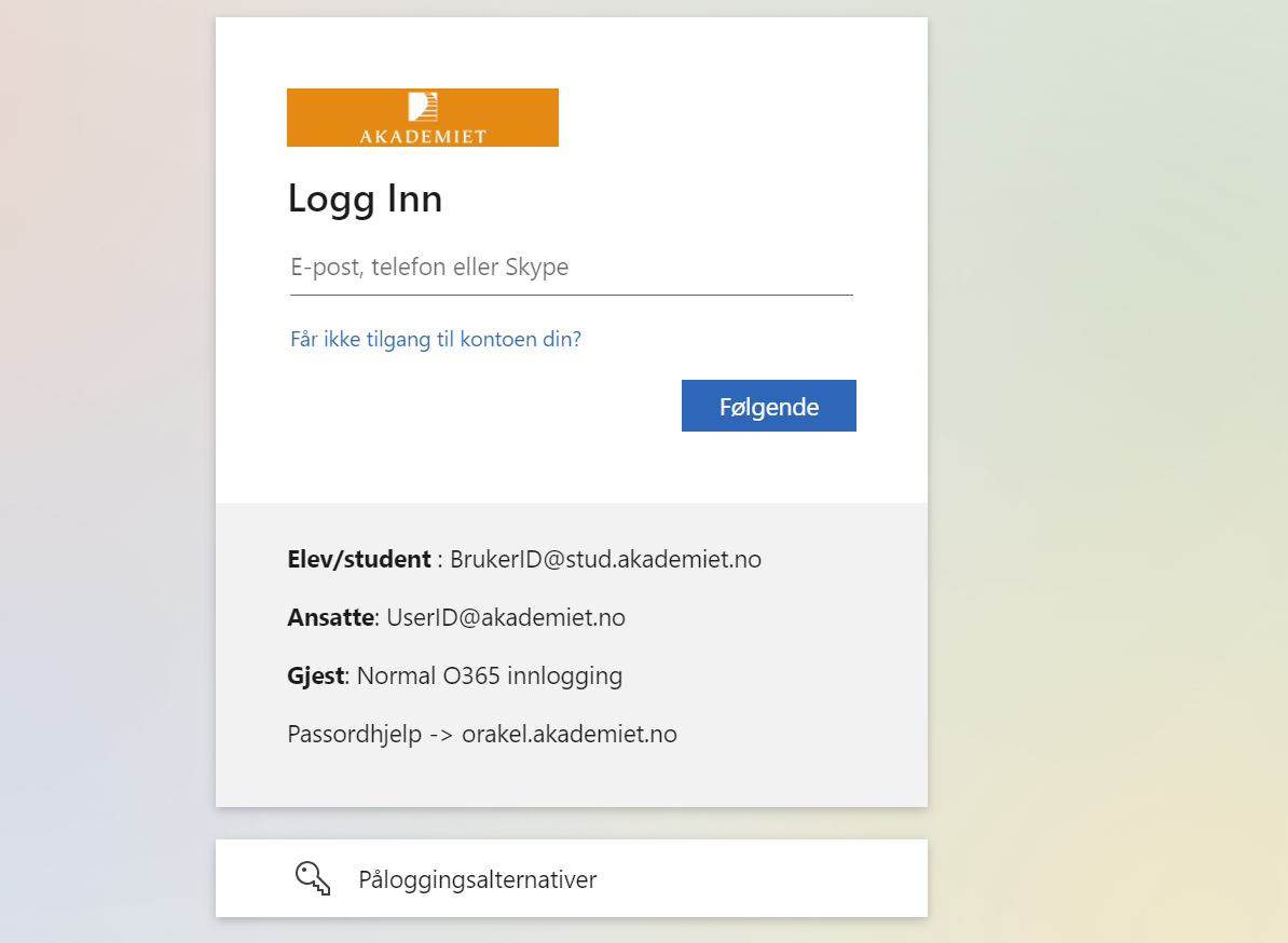 Canvas Akademiet påloggingsskjerm