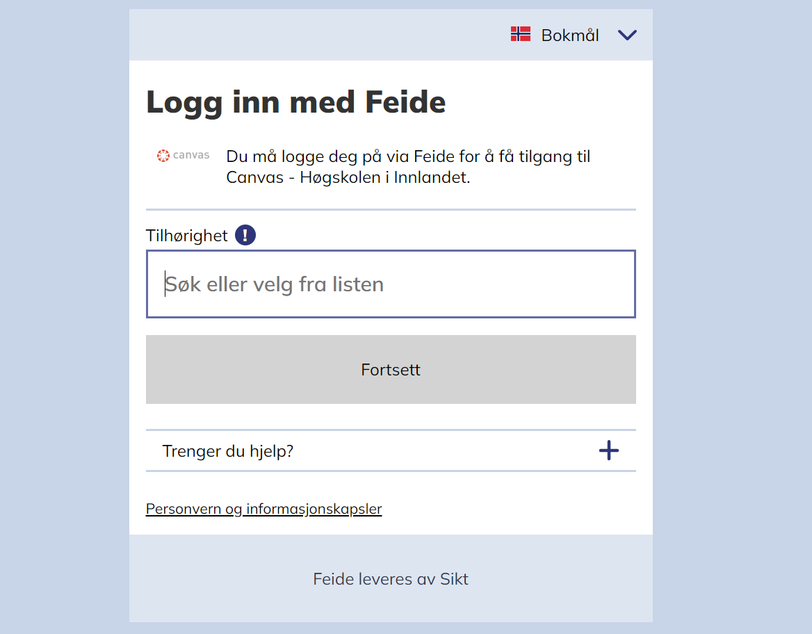 Canvas HINN påloggingsskjerm
