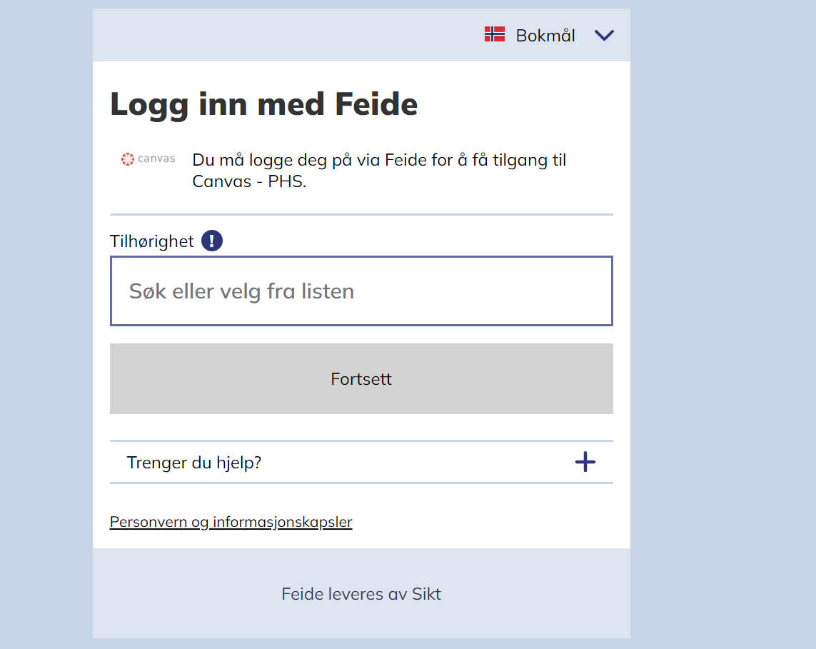 Canvas PHS påloggingsskjerm